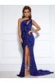 Royal Blue Mermaid One Shoulder Sleeveless Long Court Train Velvet Sequin Prom Dress