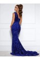 Royal Blue Mermaid One Shoulder Sleeveless Long Court Train Velvet Sequin Prom Dress