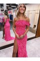 Fuchsia Sheath One Shoulder Sleeveless Long Sweep Train Velvet Sequin Prom Dress