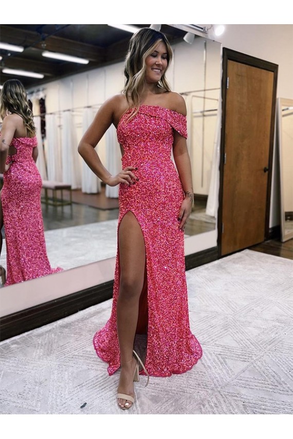 Fuchsia Sheath One Shoulder Sleeveless Long Sweep Train Velvet Sequin Prom Dress