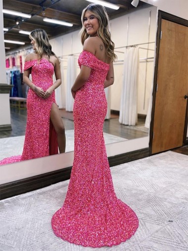 Fuchsia Sheath One Shoulder Sleeveless Long Sweep Train Velvet Sequin Prom Dress