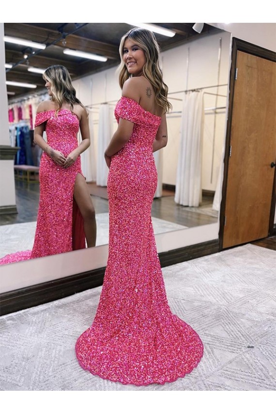 Fuchsia Sheath One Shoulder Sleeveless Long Sweep Train Velvet Sequin Prom Dress
