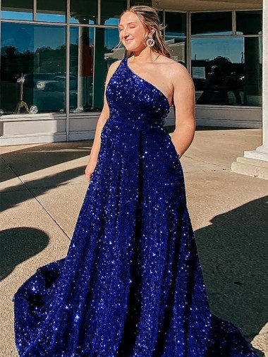 Royal Blue A-Line One Shoulder Sleeveless Long Sweep Train Velvet Sequin Prom Dress