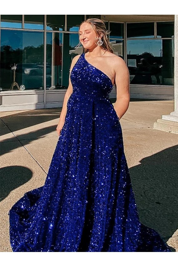 Royal Blue A-Line One Shoulder Sleeveless Long Sweep Train Velvet Sequin Prom Dress