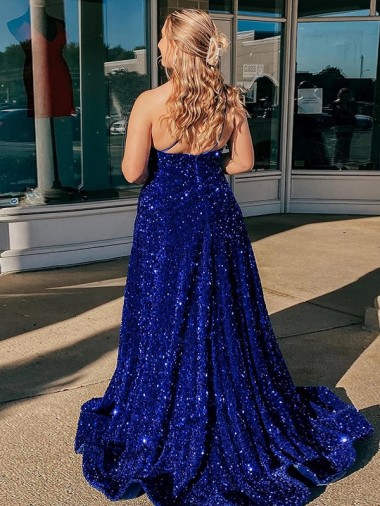 Royal Blue A-Line One Shoulder Sleeveless Long Sweep Train Velvet Sequin Prom Dress
