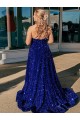 Royal Blue A-Line One Shoulder Sleeveless Long Sweep Train Velvet Sequin Prom Dress