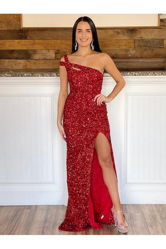 Burgundy Sheath One Shoulder Sleeveless Long Sweep Train Velvet Sequin Prom Dress