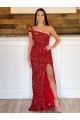 Burgundy Sheath One Shoulder Sleeveless Long Sweep Train Velvet Sequin Prom Dress