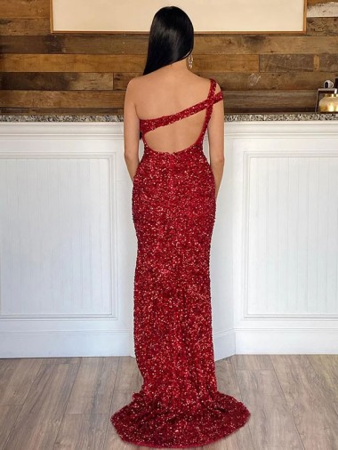 Burgundy Sheath One Shoulder Sleeveless Long Sweep Train Velvet Sequin Prom Dress