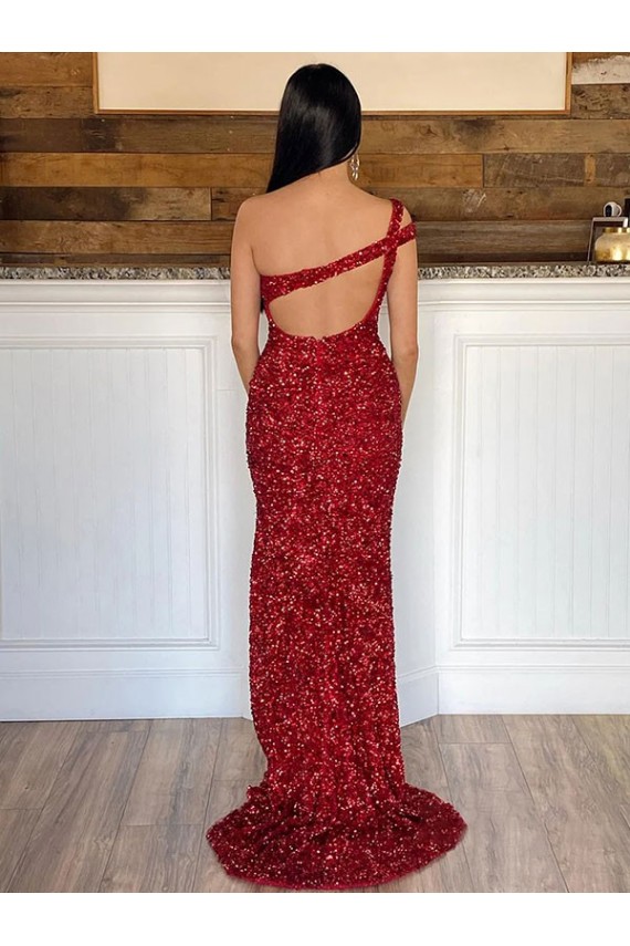 Burgundy Sheath One Shoulder Sleeveless Long Sweep Train Velvet Sequin Prom Dress