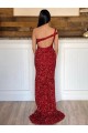 Burgundy Sheath One Shoulder Sleeveless Long Sweep Train Velvet Sequin Prom Dress