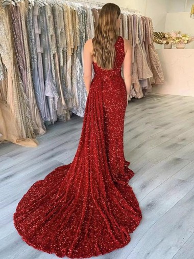 Burgundy Sheath One Shoulder Sleeveless Long Court Train Velvet Sequin Prom Dress