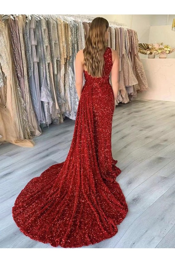 Burgundy Sheath One Shoulder Sleeveless Long Court Train Velvet Sequin Prom Dress