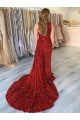 Burgundy Sheath One Shoulder Sleeveless Long Court Train Velvet Sequin Prom Dress