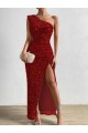Red Sheath One Shoulder Sleeveless Long Floor Length Velvet Sequin Prom Dress