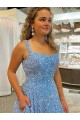 Blue A-Line Scoop Sleeveless Long Court Train Velvet Sequin Prom Dress