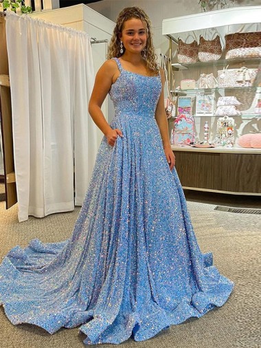 Blue A-Line Scoop Sleeveless Long Court Train Velvet Sequin Prom Dress