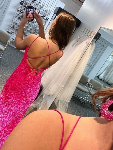 Fuchsia Sheath Spaghetti Straps Sleeveless Long Sweep Train Velvet Sequin Prom Dress