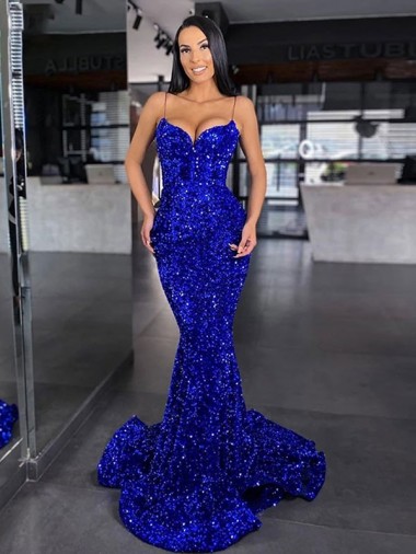 Royal Blue Mermaid Spaghetti Straps Sleeveless Long Sweep Train Velvet Sequin Prom Dress