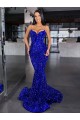 Royal Blue Mermaid Spaghetti Straps Sleeveless Long Sweep Train Velvet Sequin Prom Dress
