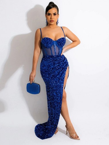 Long Sweep Train Royal Blue Sheath Spaghetti Straps Sleeveless Velvet Sequin Prom Dress