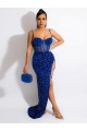 Long Sweep Train Royal Blue Sheath Spaghetti Straps Sleeveless Velvet Sequin Prom Dress