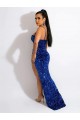 Long Sweep Train Royal Blue Sheath Spaghetti Straps Sleeveless Velvet Sequin Prom Dress