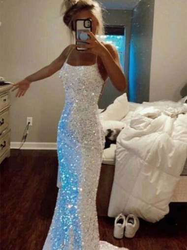 Long Sheath Spaghetti Straps Sleeveless Sweep Train Velvet Sequin Prom Dress