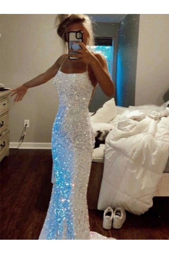Long Sheath Spaghetti Straps Sleeveless Sweep Train Velvet Sequin Prom Dress