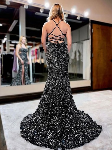 Sheath Spaghetti Straps Sleeveless Long Sweep Train Velvet Sequin Prom Dress