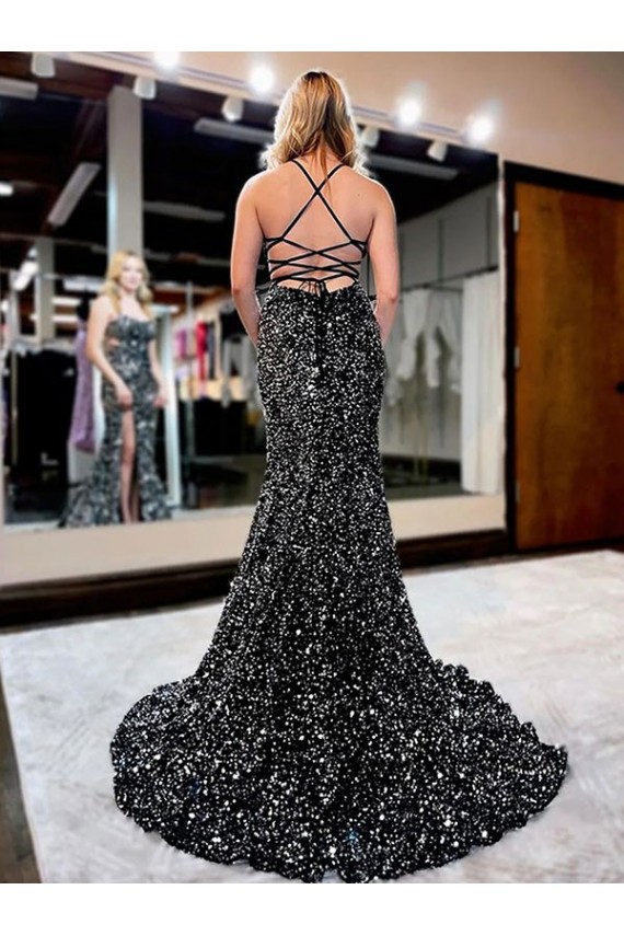 Sheath Spaghetti Straps Sleeveless Long Sweep Train Velvet Sequin Prom Dress