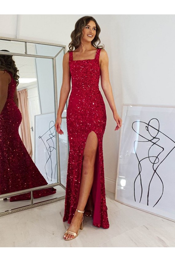 Burgundy Sheath Square Sleeveless Long Floor Length Velvet Sequin Prom Dress