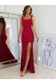 Burgundy Sheath Square Sleeveless Long Floor Length Velvet Sequin Prom Dress