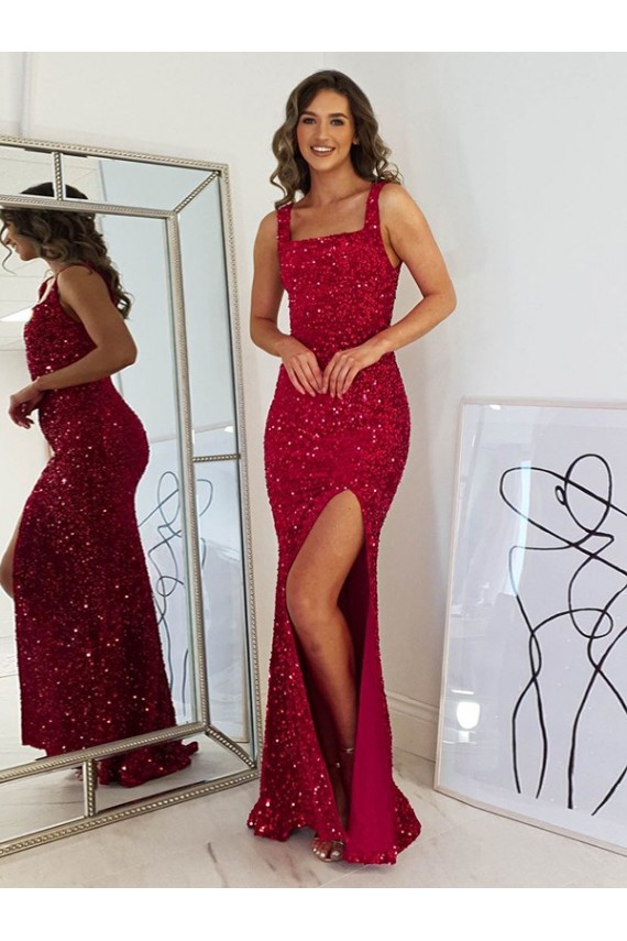 Burgundy Sheath Square Sleeveless Long Floor Length Velvet Sequin Prom Dress