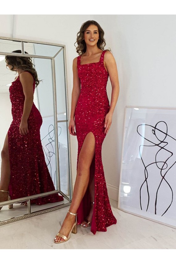 Burgundy Sheath Square Sleeveless Long Floor Length Velvet Sequin Prom Dress