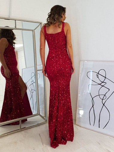Burgundy Sheath Square Sleeveless Long Floor Length Velvet Sequin Prom Dress