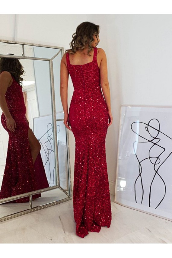 Burgundy Sheath Square Sleeveless Long Floor Length Velvet Sequin Prom Dress