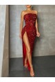 Burgundy Sheath Strapless Sleeveless Long Floor Length Velvet Sequin Prom Dress