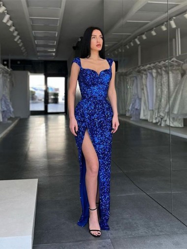Royal Blue Sheath Straps Sleeveless Long Sweep Train Velvet Sequin Prom Dress