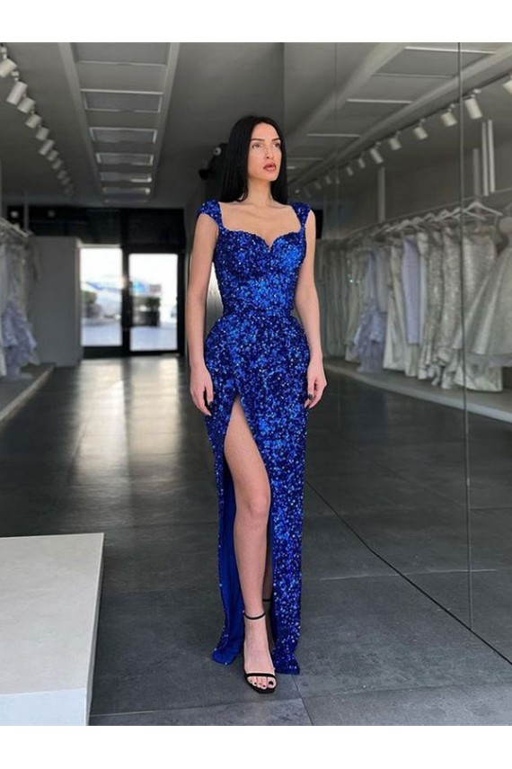 Royal Blue Sheath Straps Sleeveless Long Sweep Train Velvet Sequin Prom Dress