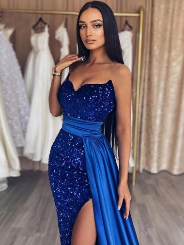 Royal Blue Sheath Sweetheart Sleeveless Long Sweep Train Velvet Sequin Prom Dress