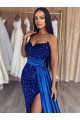 Royal Blue Sheath Sweetheart Sleeveless Long Sweep Train Velvet Sequin Prom Dress