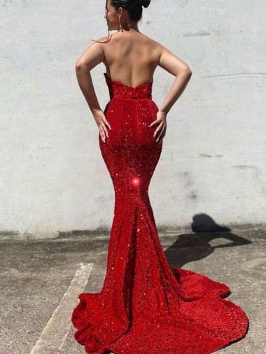 Burgundy Mermaid Sweetheart Sleeveless Long Court Train Velvet Sequin Prom Dress