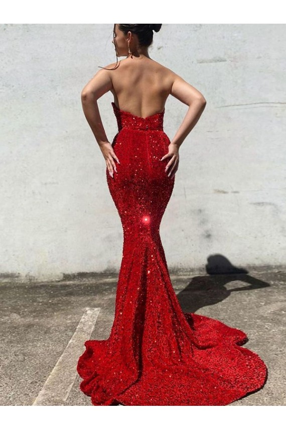 Burgundy Mermaid Sweetheart Sleeveless Long Court Train Velvet Sequin Prom Dress