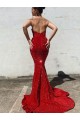Burgundy Mermaid Sweetheart Sleeveless Long Court Train Velvet Sequin Prom Dress