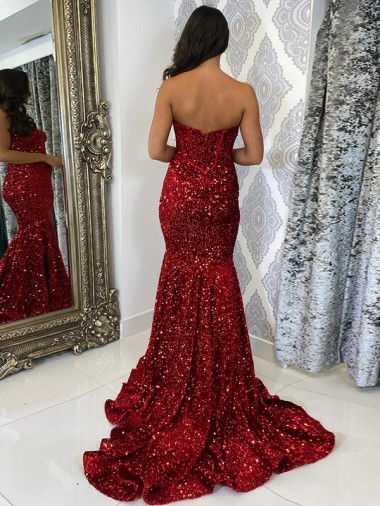 Burgundy Sheath Sweetheart Sleeveless Long Court Train Velvet Sequin Prom Dress