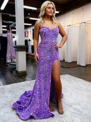 Lavender A-Line Sweetheart Sleeveless Long Court Train Velvet Sequin Prom Dress