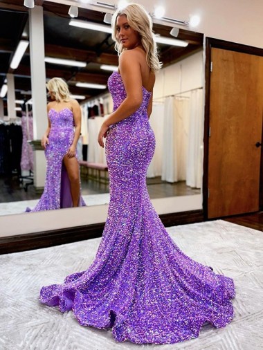 Lavender A-Line Sweetheart Sleeveless Long Court Train Velvet Sequin Prom Dress