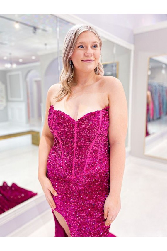 Sheath Sweetheart Sleeveless Long Sweep Train Velvet Sequin Prom Dress