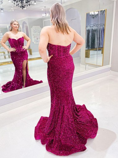Sheath Sweetheart Sleeveless Long Sweep Train Velvet Sequin Prom Dress